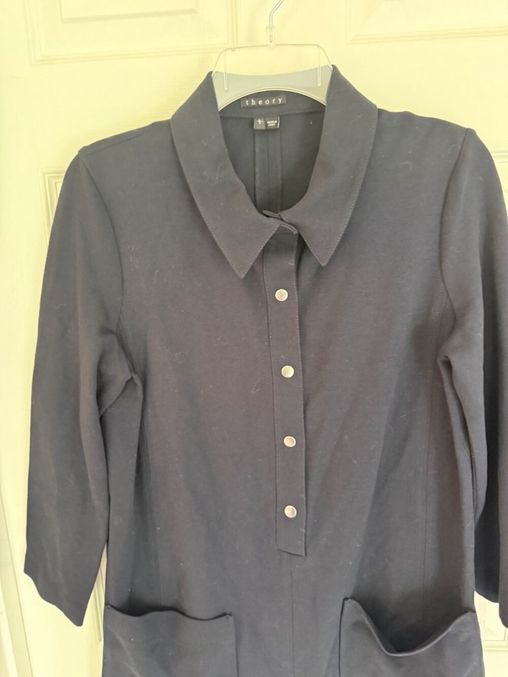Theory 'Erimenthia' Ponte Navy Blue Button Front Mini Shirtdress Large - Picture 2 of 6